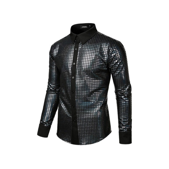 Black Shiny Sequins Long Sleeve Button Down Shirt - Picture 2 of 7